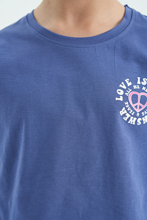 Açık Eflatun Ön Arka Baskılı O Yaka Düşük Omuz Oversize Kısa Kollu Kız Çocuk T-Shirt - 75126