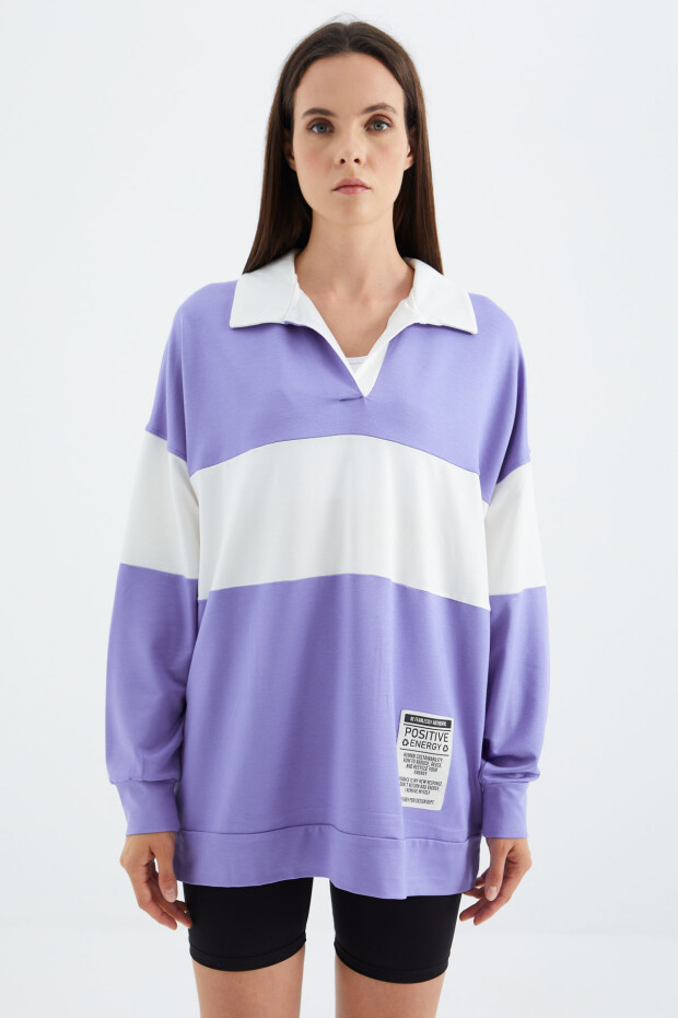 Açık Eflatun Polo Yaka Renk Bloklu Oversize Kadın Sweatshirt - 02377