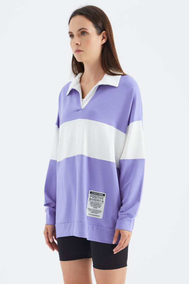 Açık Eflatun Polo Yaka Renk Bloklu Oversize Kadın Sweatshirt - 02377