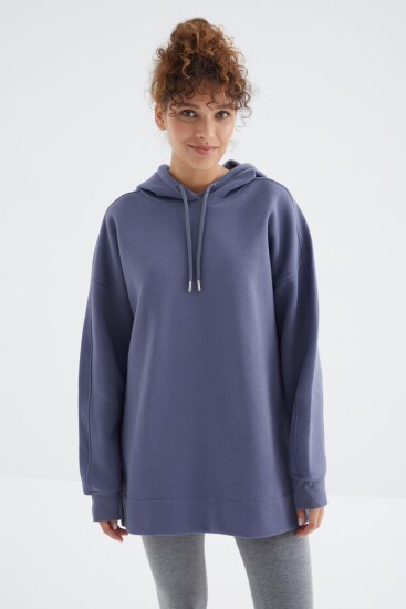 Açık Eflatun Reglan Kol Basic Kapüşonlu Oversize Tunik - 97242 - Thumbnail