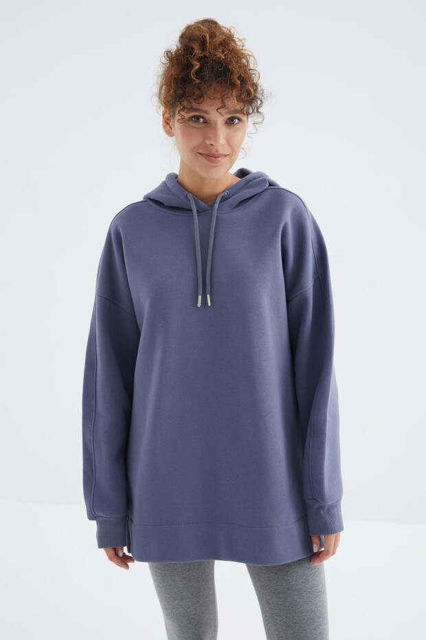 Açık Eflatun Reglan Kol Basic Kapüşonlu Oversize Tunik - 97242