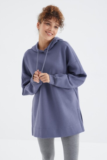 Açık Eflatun Reglan Kol Basic Kapüşonlu Oversize Tunik - 97242 - Thumbnail