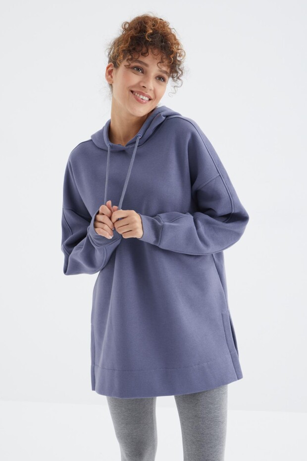 Açık Eflatun Reglan Kol Basic Kapüşonlu Oversize Tunik - 97242