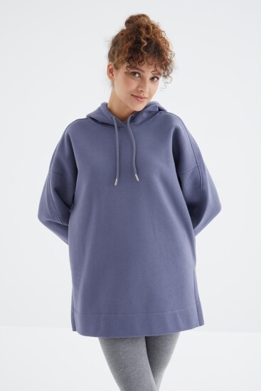 Açık Eflatun Reglan Kol Basic Kapüşonlu Oversize Tunik - 97242 - Thumbnail