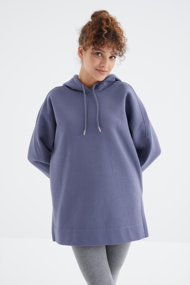 Açık Eflatun Reglan Kol Basic Kapüşonlu Oversize Tunik - 97242