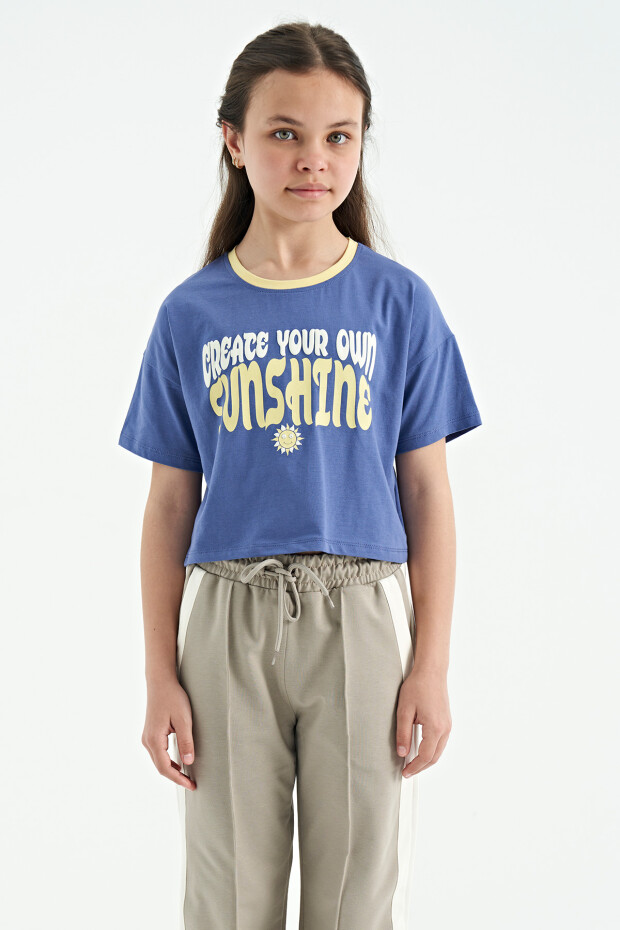 Açık Eflatun Renkli Yazı Baskılı O Yaka Oversize Kısa Kollu Kız Çocuk T-Shirt - 75111