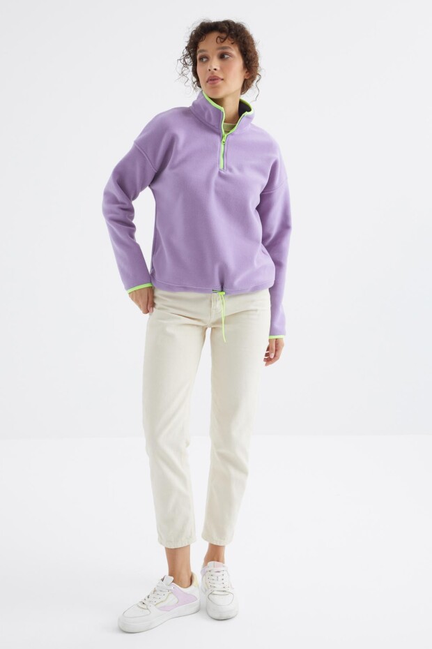 Açık Eflatun Yarım Fermuar Etek Ucu Büzgülü Dik Yaka Oversize Kadın Polar Sweatshirt - 97234