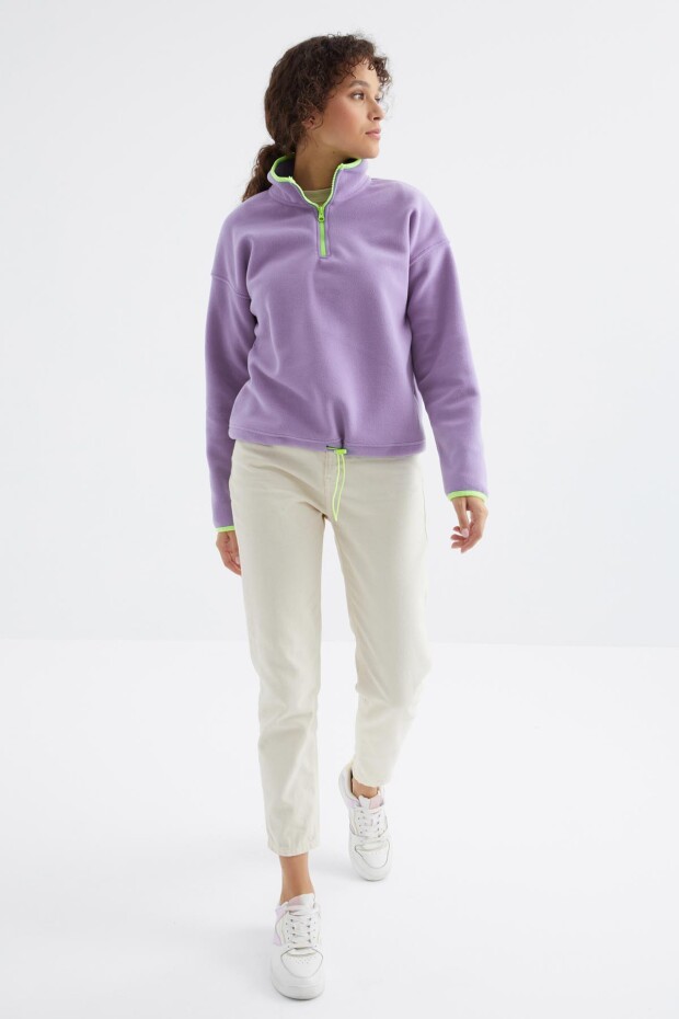 Açık Eflatun Yarım Fermuar Etek Ucu Büzgülü Dik Yaka Oversize Kadın Polar Sweatshirt - 97234