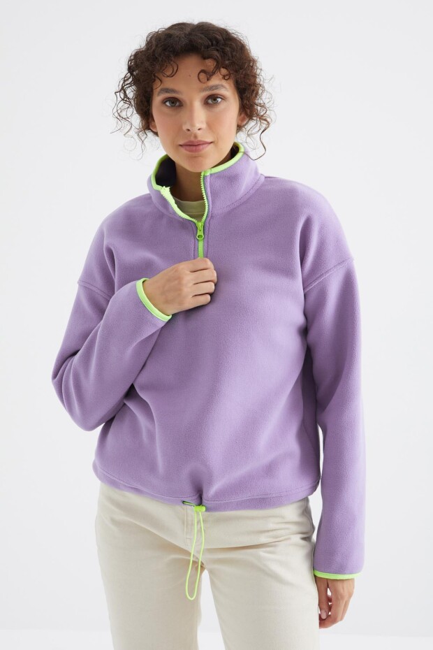 Açık Eflatun Yarım Fermuar Etek Ucu Büzgülü Dik Yaka Oversize Kadın Polar Sweatshirt - 97234 - 3