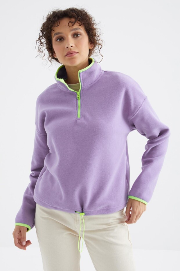 Açık Eflatun Yarım Fermuar Etek Ucu Büzgülü Dik Yaka Oversize Kadın Polar Sweatshirt - 97234 - 5