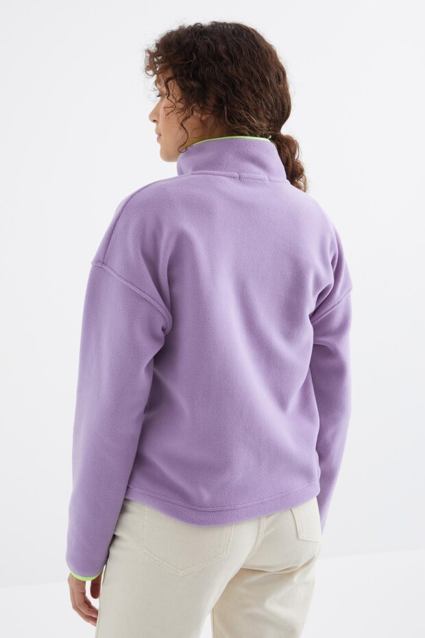 Açık Eflatun Yarım Fermuar Etek Ucu Büzgülü Dik Yaka Oversize Kadın Polar Sweatshirt - 97234 - 8