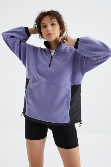 Açık Eflatun Yarım Fermuar Etek Ucu Büzgülü Dik Yaka Oversize Kadın Polar Sweatshirt - 97236 