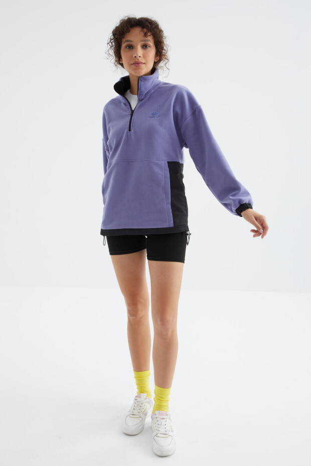 Açık Eflatun Yarım Fermuar Etek Ucu Büzgülü Dik Yaka Oversize Kadın Polar Sweatshirt - 97236 - 3
