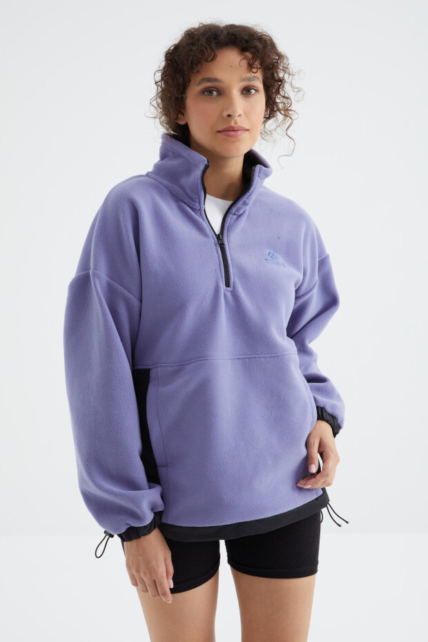 Açık Eflatun Yarım Fermuar Etek Ucu Büzgülü Dik Yaka Oversize Kadın Polar Sweatshirt - 97236 - 4
