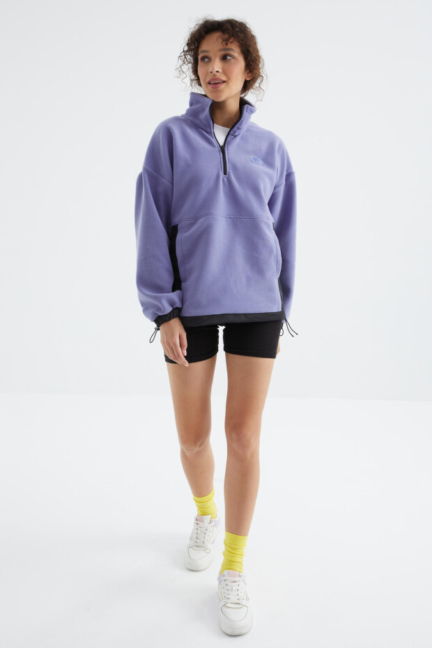 Açık Eflatun Yarım Fermuar Etek Ucu Büzgülü Dik Yaka Oversize Kadın Polar Sweatshirt - 97236 - 5