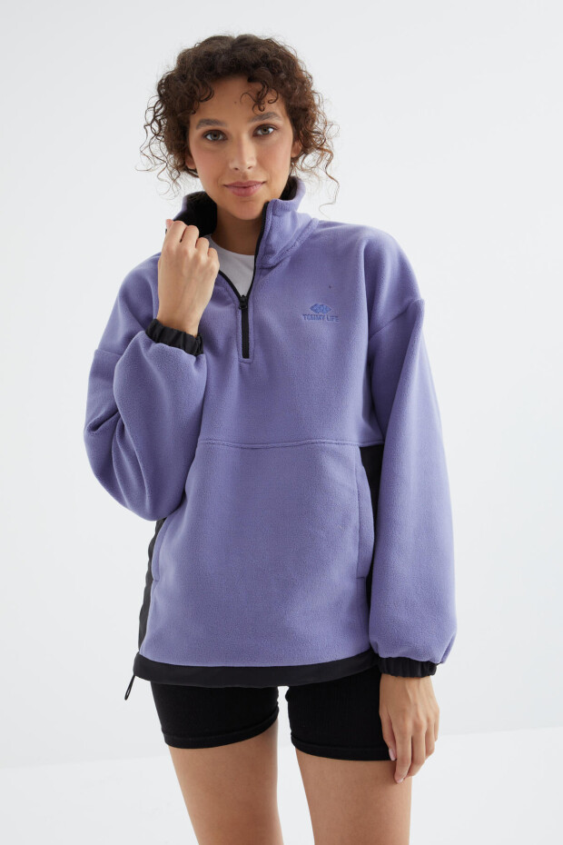 Açık Eflatun Yarım Fermuar Etek Ucu Büzgülü Dik Yaka Oversize Kadın Polar Sweatshirt - 97236 - 6