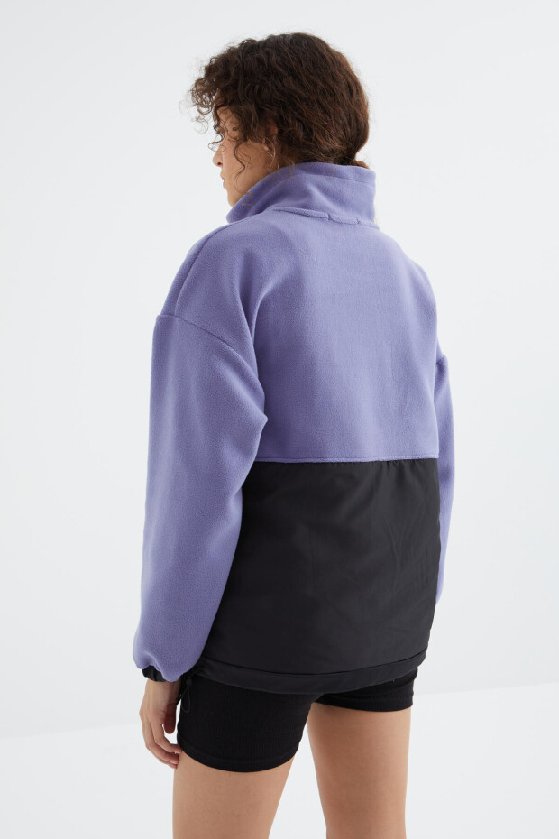 Açık Eflatun Yarım Fermuar Etek Ucu Büzgülü Dik Yaka Oversize Kadın Polar Sweatshirt - 97236 - 9
