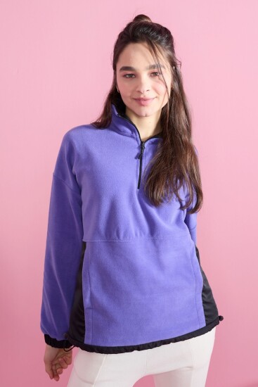 Açık Eflatun Yarım Fermuar Etek Ucu Büzgülü Dik Yaka Oversize Kadın Polar Sweatshirt - 97236 - TOMMYLIFE (1)