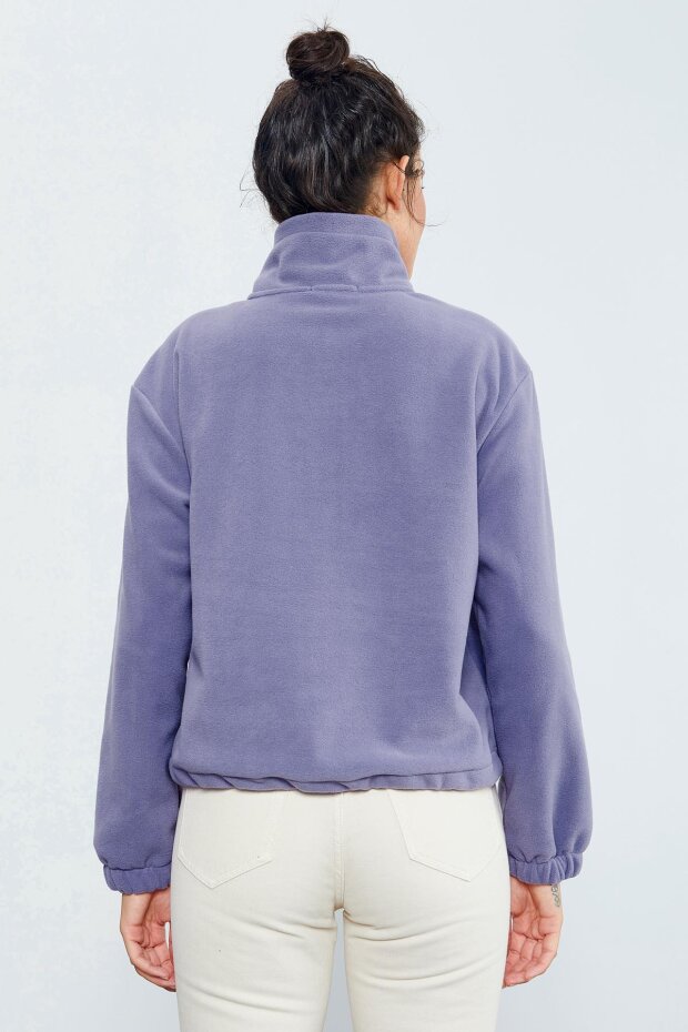 Açık Eflatun Yarım Fermuar Etek Ucu Büzgülü Kadın Polar Oversize Sweatshirt - 97171 - 7