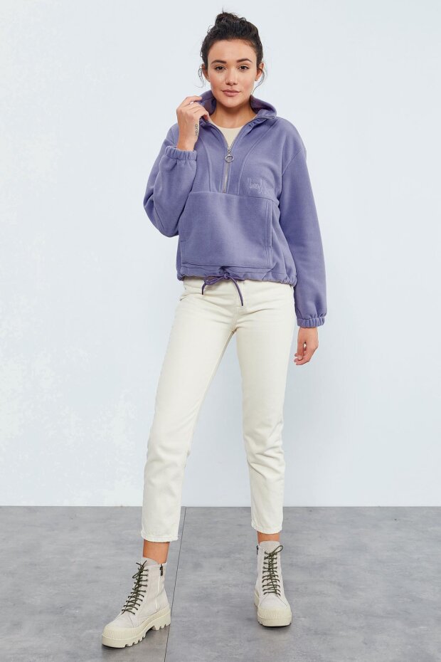 Açık Eflatun Yarım Fermuar Etek Ucu Büzgülü Kadın Polar Oversize Sweatshirt - 97171 - 2