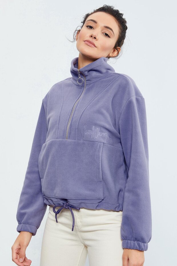 Açık Eflatun Yarım Fermuar Etek Ucu Büzgülü Kadın Polar Oversize Sweatshirt - 97171 - 3