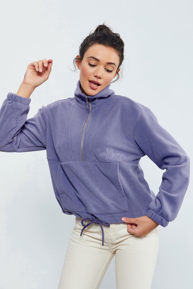 Açık Eflatun Yarım Fermuar Etek Ucu Büzgülü Kadın Polar Oversize Sweatshirt - 97171 - 5