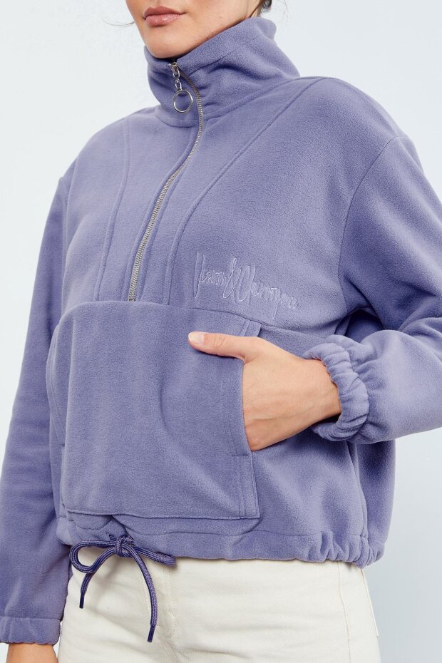 Açık Eflatun Yarım Fermuar Etek Ucu Büzgülü Kadın Polar Oversize Sweatshirt - 97171 - 6