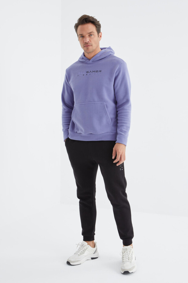 Açık Eflatun Yazı Nakışlı Standart Kalıp Kapüşonlu Erkek Polar Sweatshirt - 88154