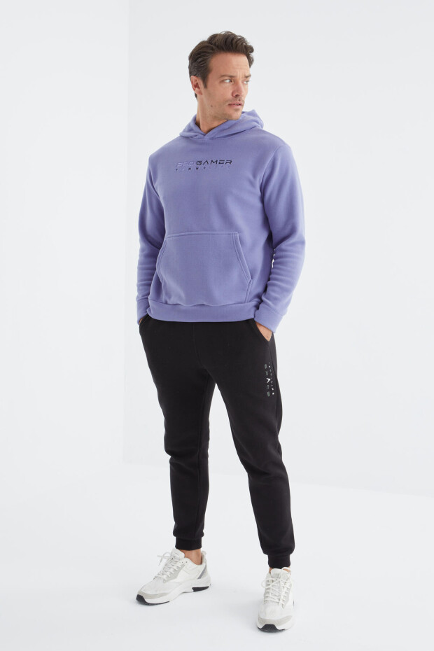 Açık Eflatun Yazı Nakışlı Standart Kalıp Kapüşonlu Erkek Polar Sweatshirt - 88154