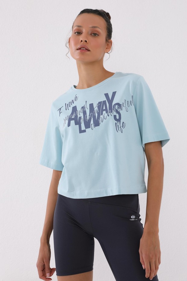 Açık Mavi Asimetrik Yazı Baskılı O Yaka Kadın Oversize T-Shirt - 97136