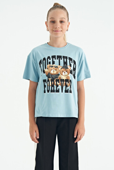 Açık Mavi Ayıcık Baskılı O Yaka Oversize Kısa Kol Kız Çocuk T-Shirt - 75116 