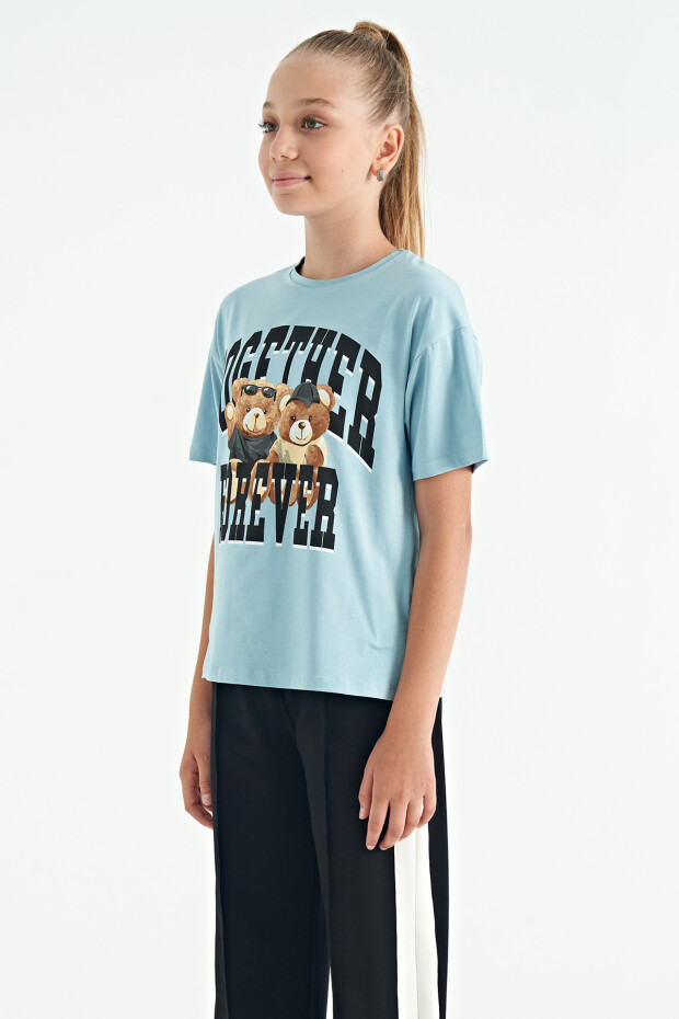 Açık Mavi Ayıcık Baskılı O Yaka Oversize Kısa Kol Kız Çocuk T-Shirt - 75116