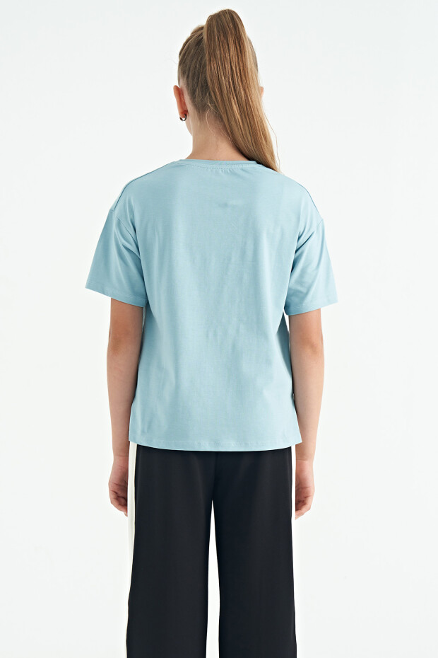 Açık Mavi Ayıcık Baskılı O Yaka Oversize Kısa Kol Kız Çocuk T-Shirt - 75116