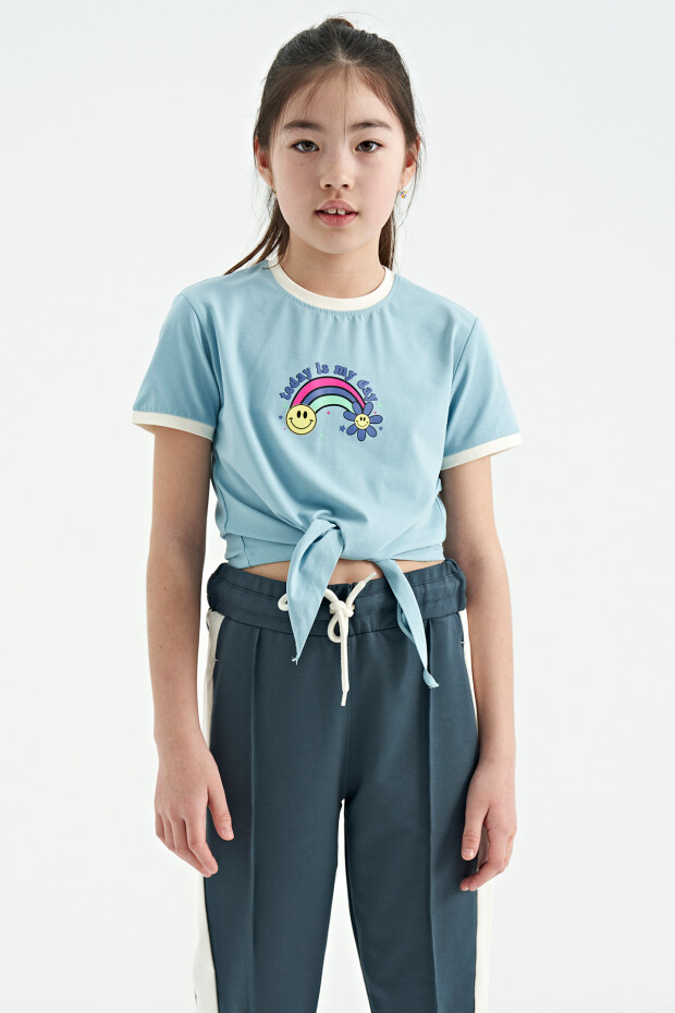 Açık Mavi Baskı Detaylı O Yaka Çok Renkli Bağlama Detaylı Kız Çocuk T-Shirt - 75113