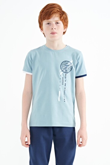 Açık Mavi Baskı Detaylı O Yaka Standart Kalıp Erkek Çocuk T-Shirt - 11131 