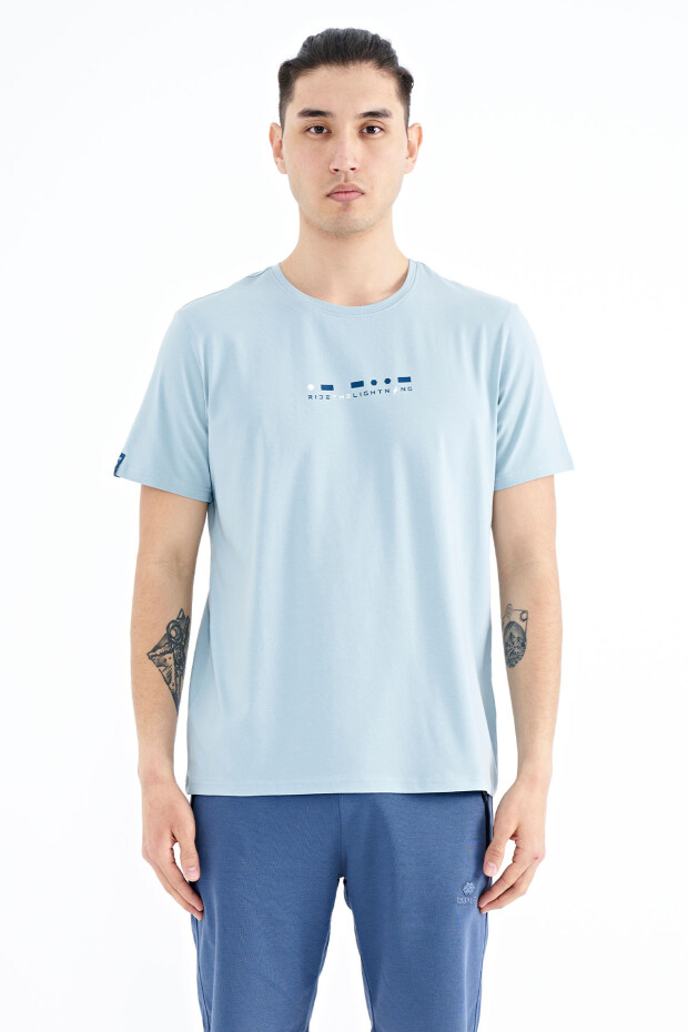Açık Mavi Baskı Detaylı O Yaka Standart Kalıp Erkek T-Shirt - 88168