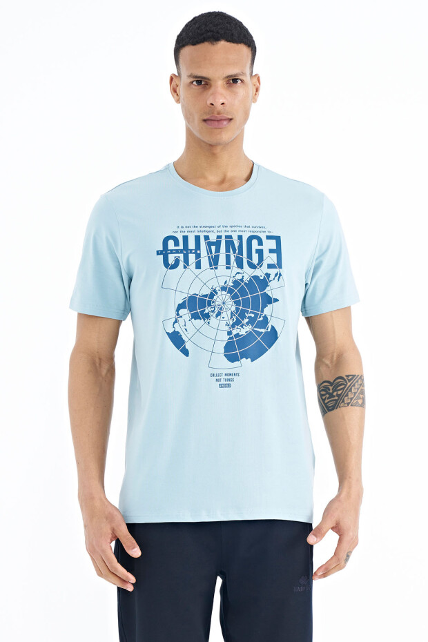 Açık Mavi Baskı Detaylı O Yaka Standart Kalıp Erkek T-Shirt - 88214