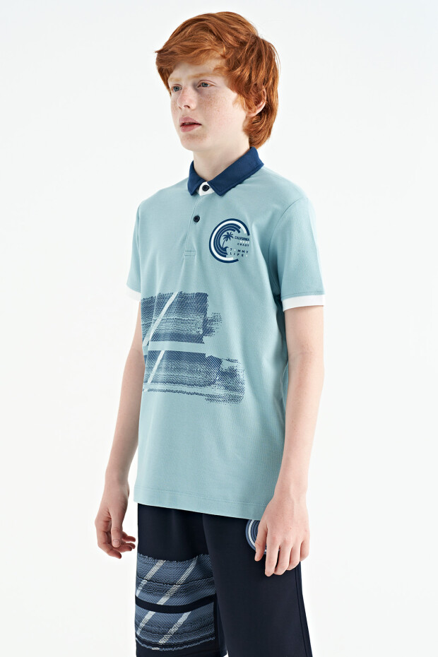 Açık Mavi Baskı Detaylı Polo Yaka Standart Kalıp Erkek Çocuk T-Shirt - 11094