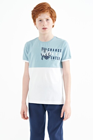 Açık Mavi Baskı Detaylı Renk Bloklu Standart Kalıp O Yaka Erkek Çocuk T-Shirt - 11107 