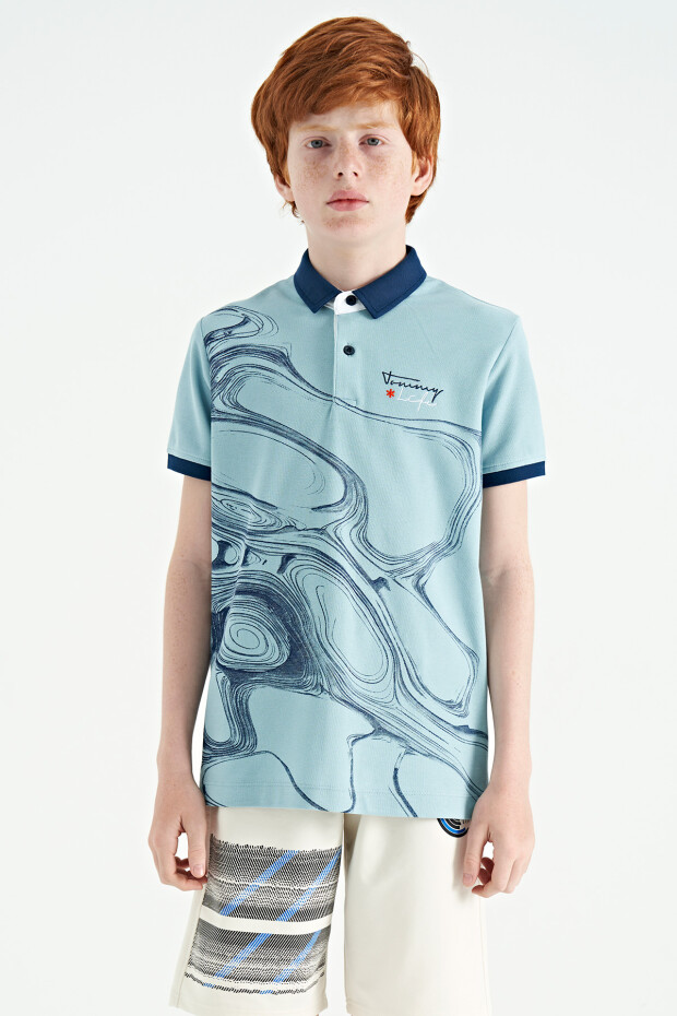 Açık Mavi Baskı Detaylı Standart Kalıp Polo Yaka Erkek Çocuk T-Shirt - 11165