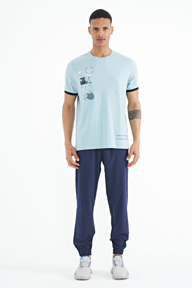 Açık Mavi Baskı O Yaka Detaylı Standart Form Erkek T-shirt - 88216