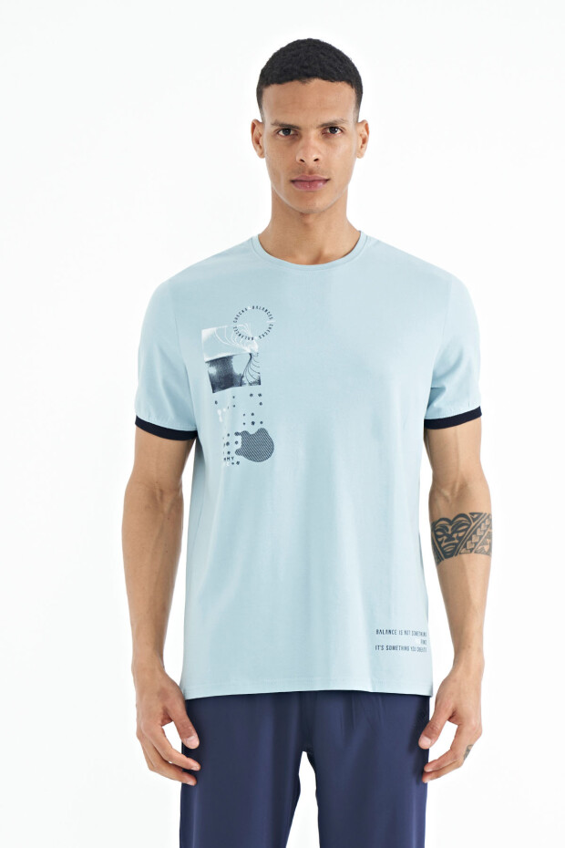 Açık Mavi Baskı O Yaka Detaylı Standart Form Erkek T-shirt - 88216