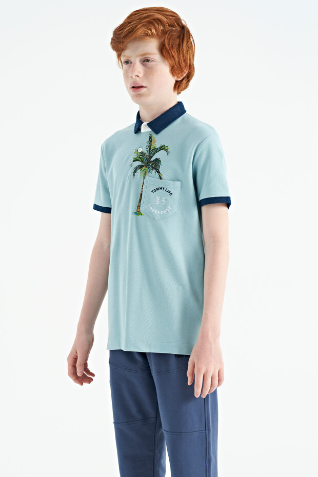 Açık Mavi Baskılı Cep Detaylı Standart Kalıp Polo Yaka Erkek Çocuk T-Shirt - 11144