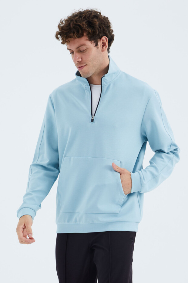 Açık Mavi Dik Yaka Yarım Fermuarlı Cep Detaylı Erkek Sweatshirt - 88278