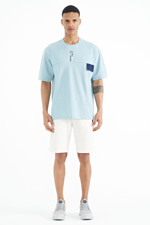 Açık Mavi Gizli Cep Detaylı Baskılı Oversize Erkek T-shirt - 88244
