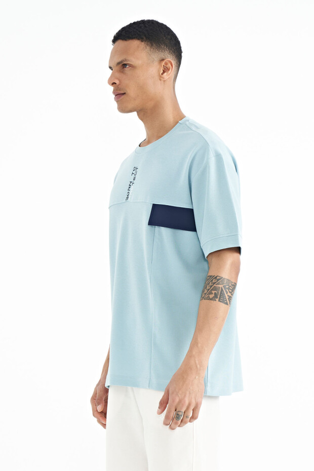Açık Mavi Gizli Cep Detaylı Baskılı Oversize Erkek T-shirt - 88244