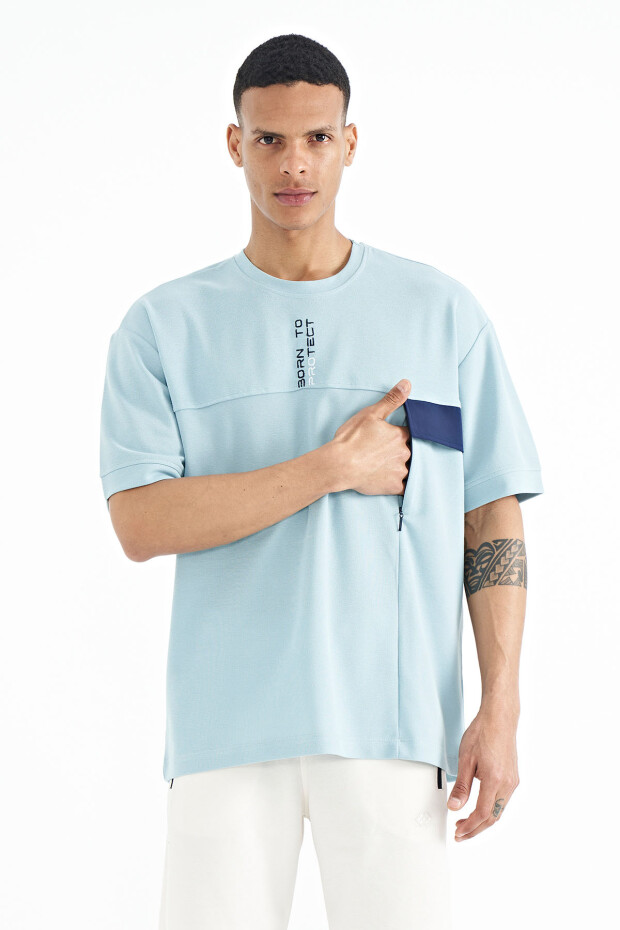 Açık Mavi Gizli Cep Detaylı Baskılı Oversize Erkek T-shirt - 88244