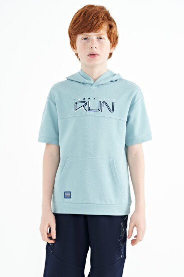 Açık Mavi Kanguru Cepli Kapüşonlu Oversize Erkek Çocuk T-Shirt - 11160 