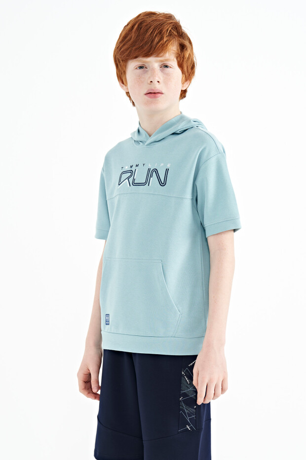 Açık Mavi Kanguru Cepli Kapüşonlu Oversize Erkek Çocuk T-Shirt - 11160