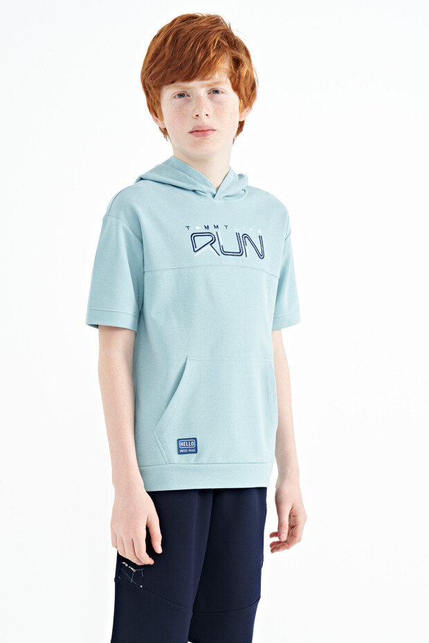 Açık Mavi Kanguru Cepli Kapüşonlu Oversize Erkek Çocuk T-Shirt - 11160